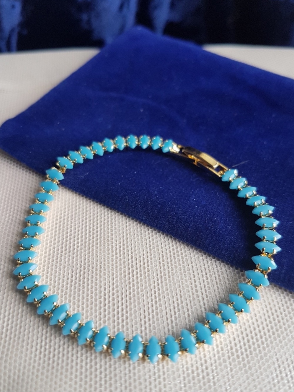 Swarovski Elements Gold Plated Marquis Turquoise Blue Tennis Bracelet NEW
